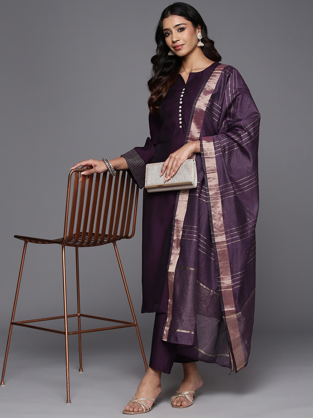 

Libas Women Solid Regular Kurta with Trousers With Dupatta, Purple