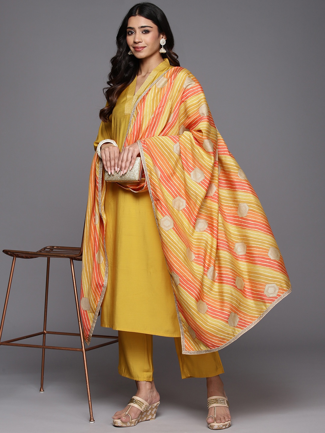 

Libas Women Solid Regular Thread Work Kurta with Trousers With Dupatta, Yellow