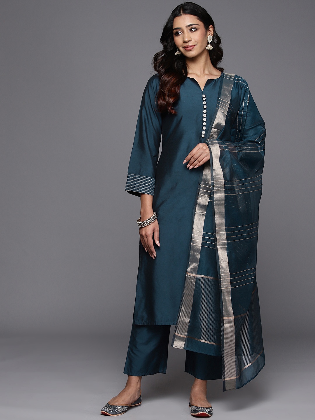

Libas Women Solid Regular Kurta with Trousers With Dupatta, Blue