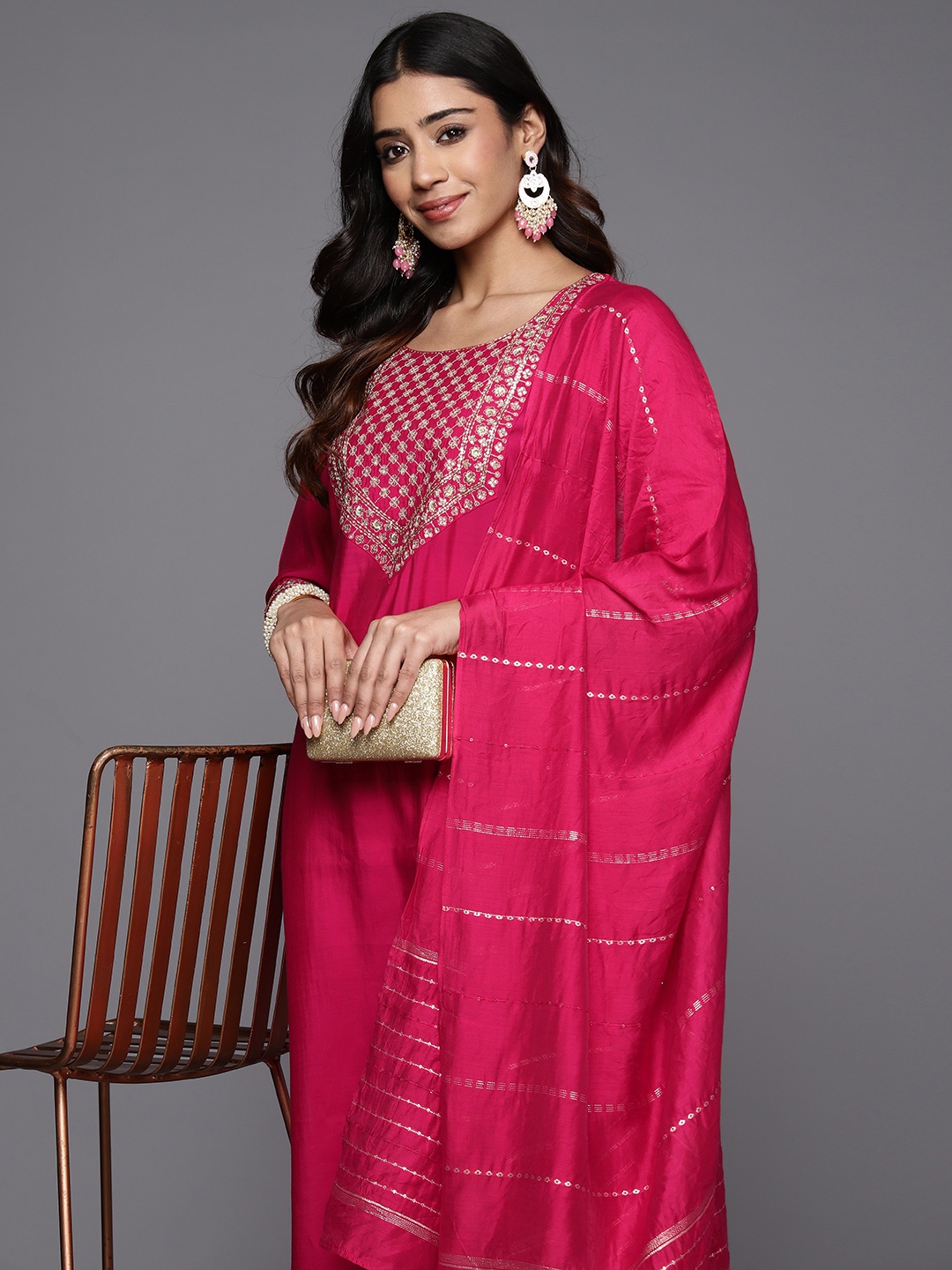 

Libas Women Floral Yoke Design Regular Sequinned Kurta with Trousers With Dupatta, Pink