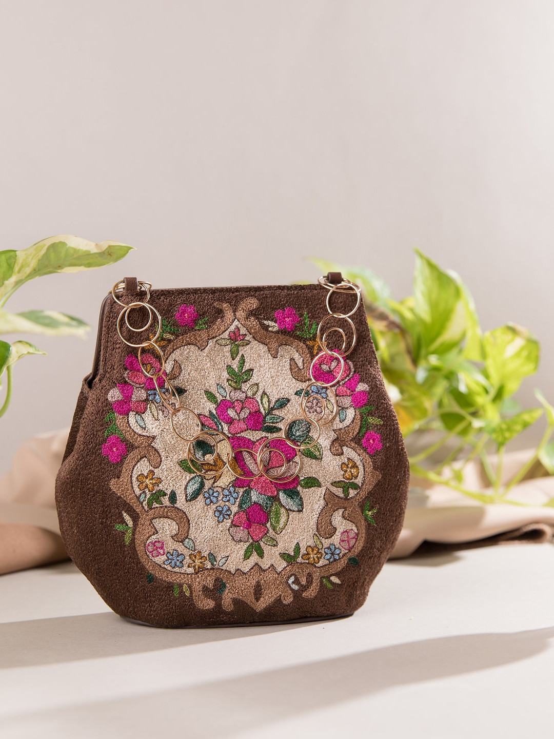 

The Leather Garden Floral Embellished Leather Structured Handheld Bag, Brown