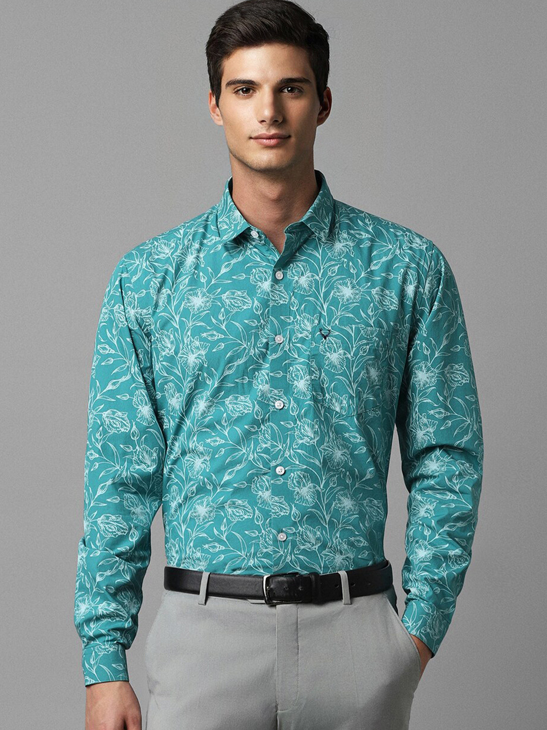 

Allen Solly Slim Fit Floral Printed Spread Collar Pure Cotton Formal Shirt, Green