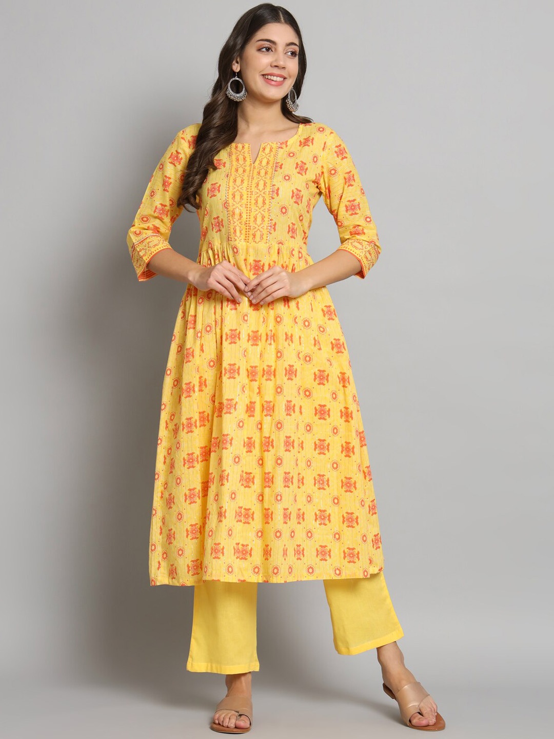 

Shikhaa Style Ethnic Motifs Printed Regular Pure Cotton Kurta with Trousers, Yellow