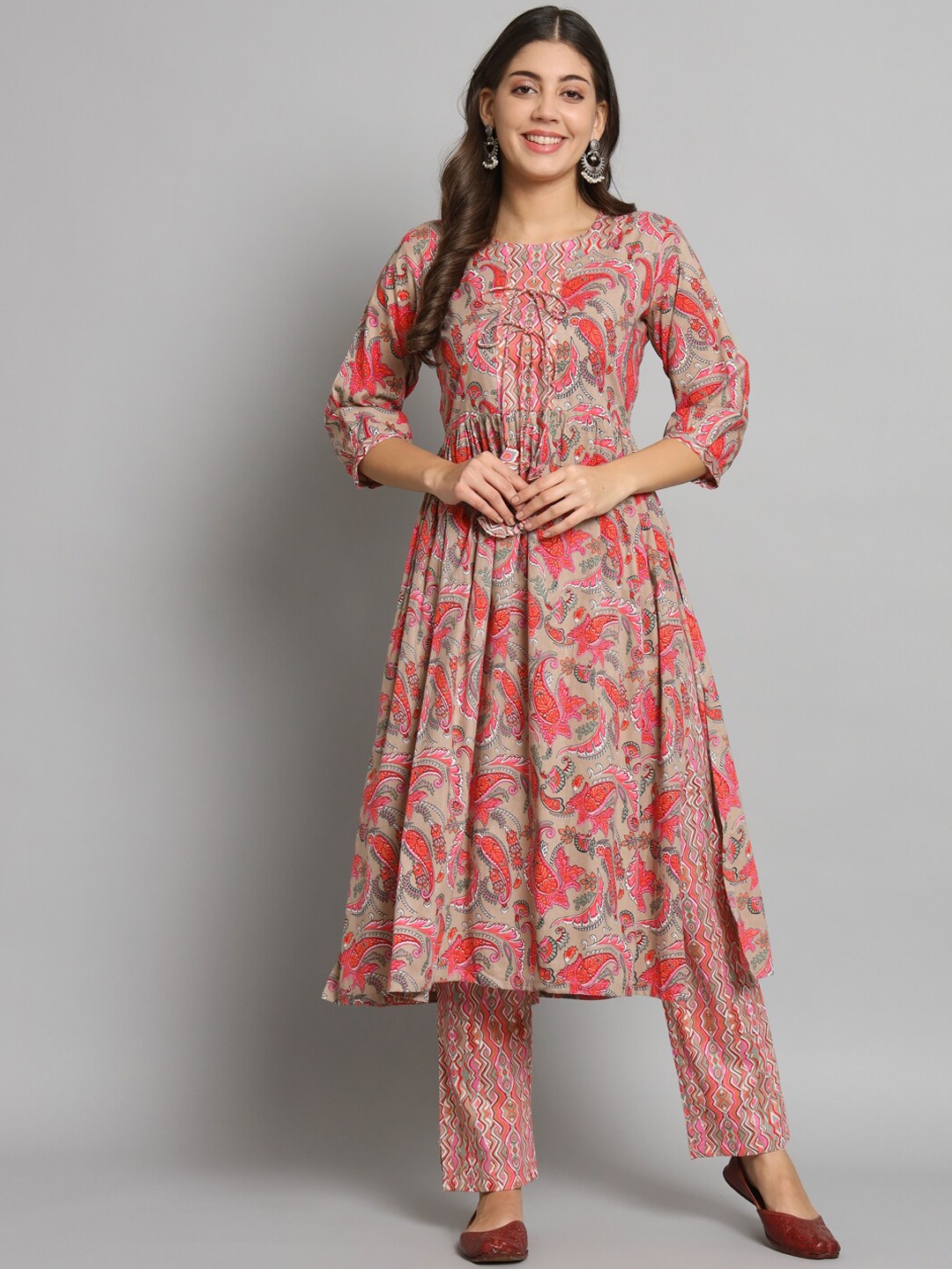 

Shikhaa Style Floral Printed Empire Kurta with Trousers, Beige