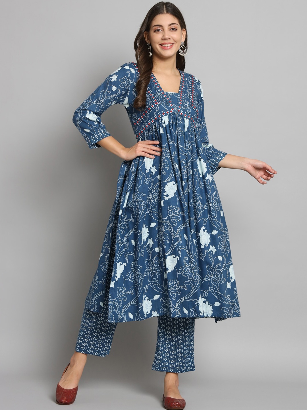 

Shikhaa Style Ethnic Motifs Printed Empire Kurta with Trousers, Blue