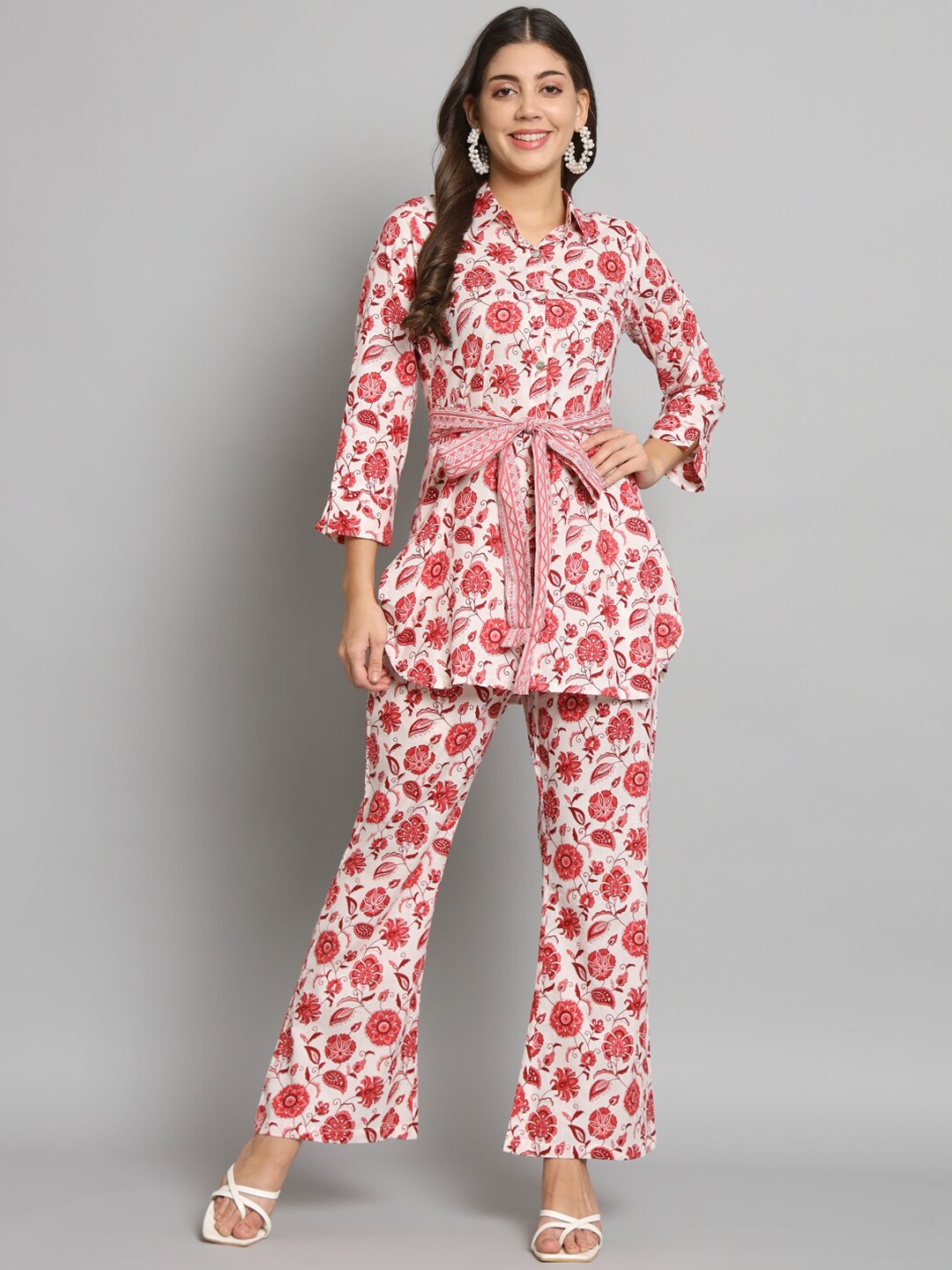 

Shikhaa Style Floral Printed Shirt With Trousers Co-Ords, White