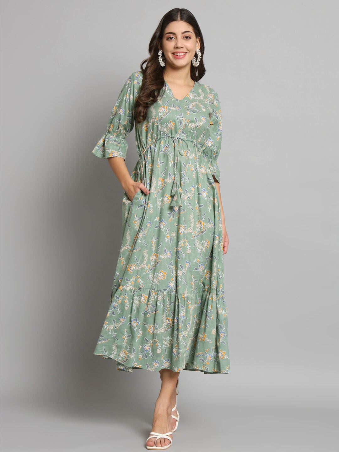 

Shikhaa Style Floral Printed Bell Sleeves Cotton Empire Midi Dress, Green