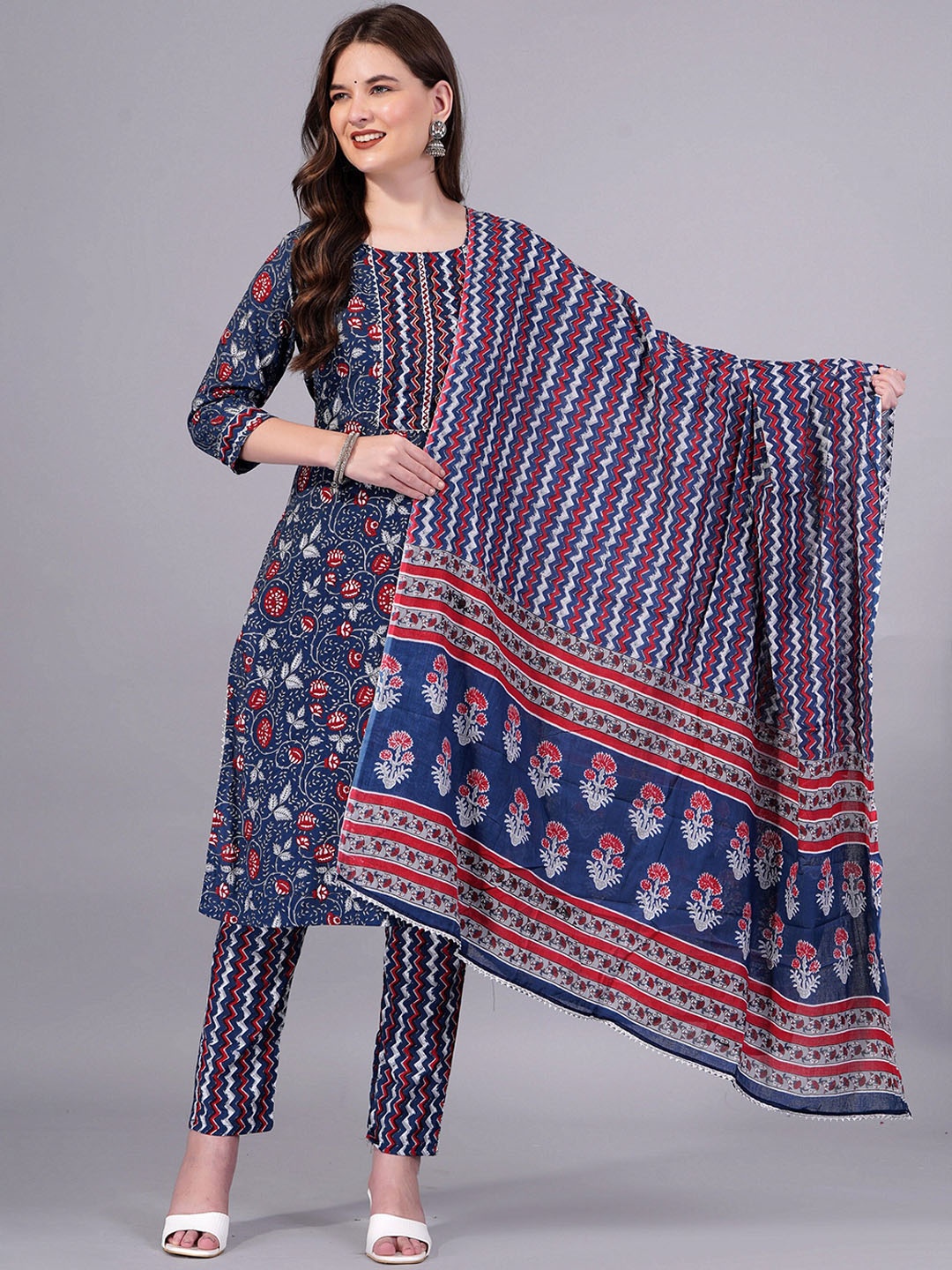 

KALINI Ethnic Motifs Printed Gotta Patti Pure Cotton Kurta & Trousers With Dupatta, Navy blue