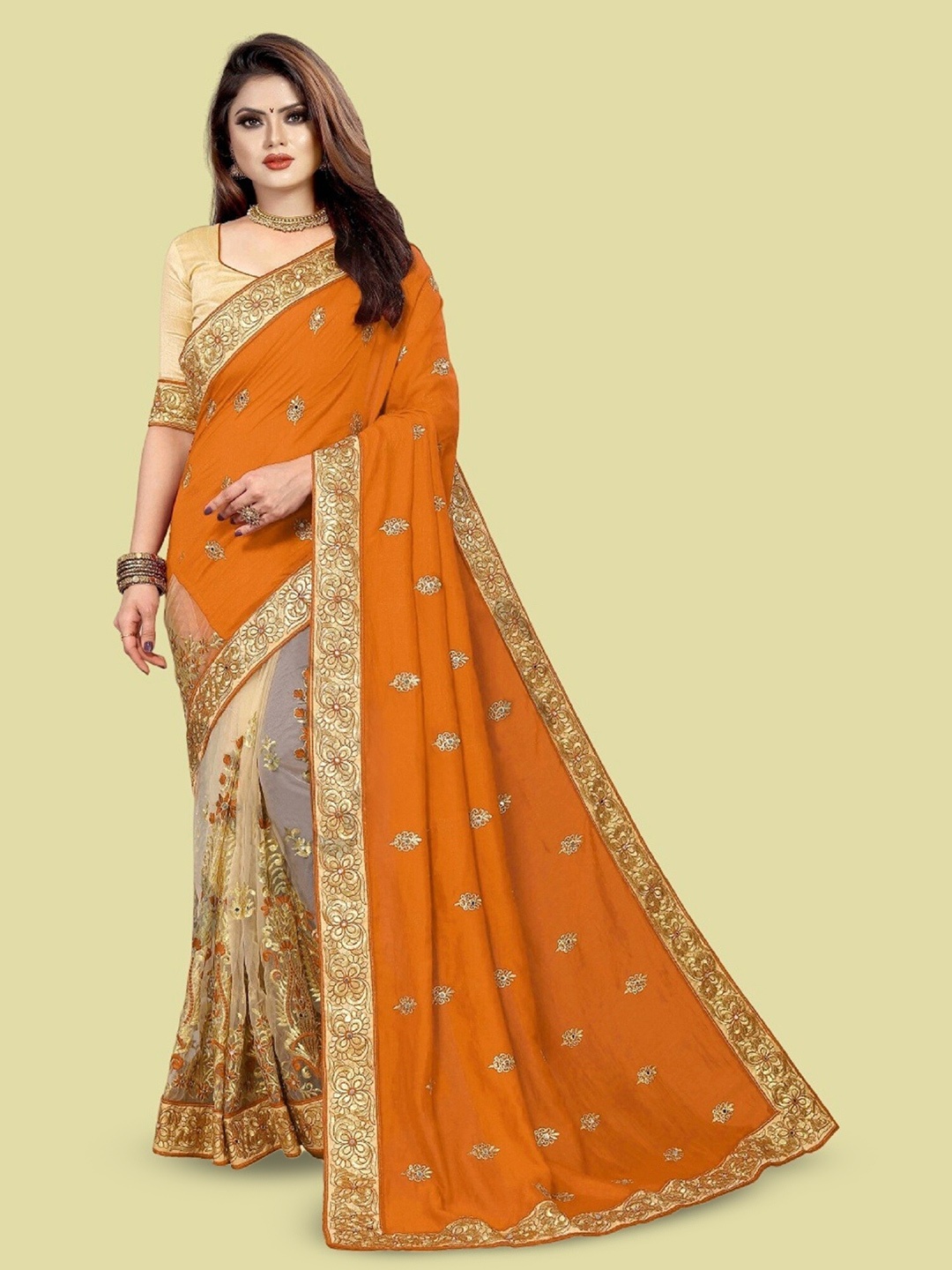 

APNISHA Ethnic Motifs Embroidered Pure Silk Half and Half Saree, Mustard