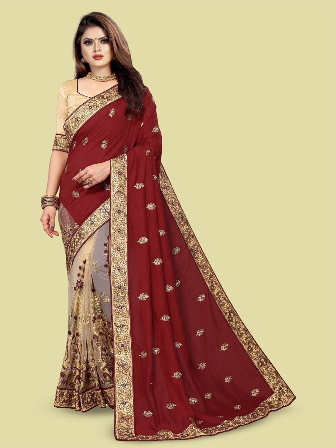 

APNISHA Ethnic Motifs Embroidered Pure Silk Half and Half Saree, Maroon