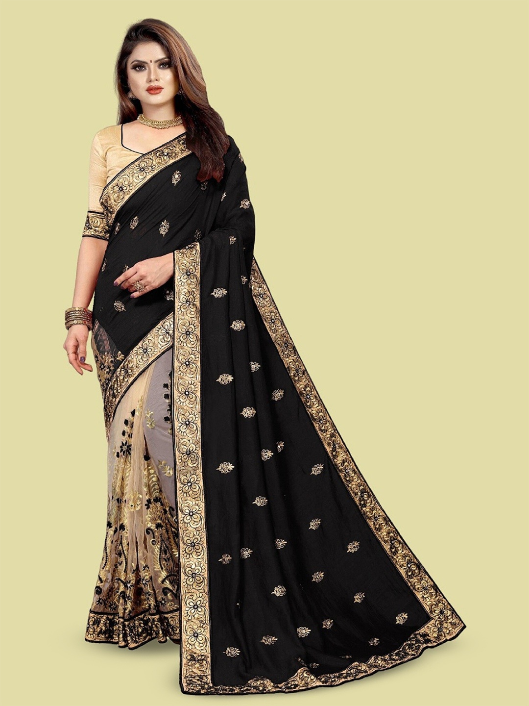 

APNISHA Ethnic Motifs Embroidered Pure Silk Half and Half Saree, Black