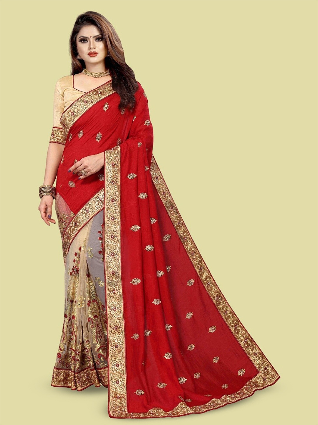 

APNISHA Ethnic Motifs Embroidered Pure Silk Half and Half Saree, Red