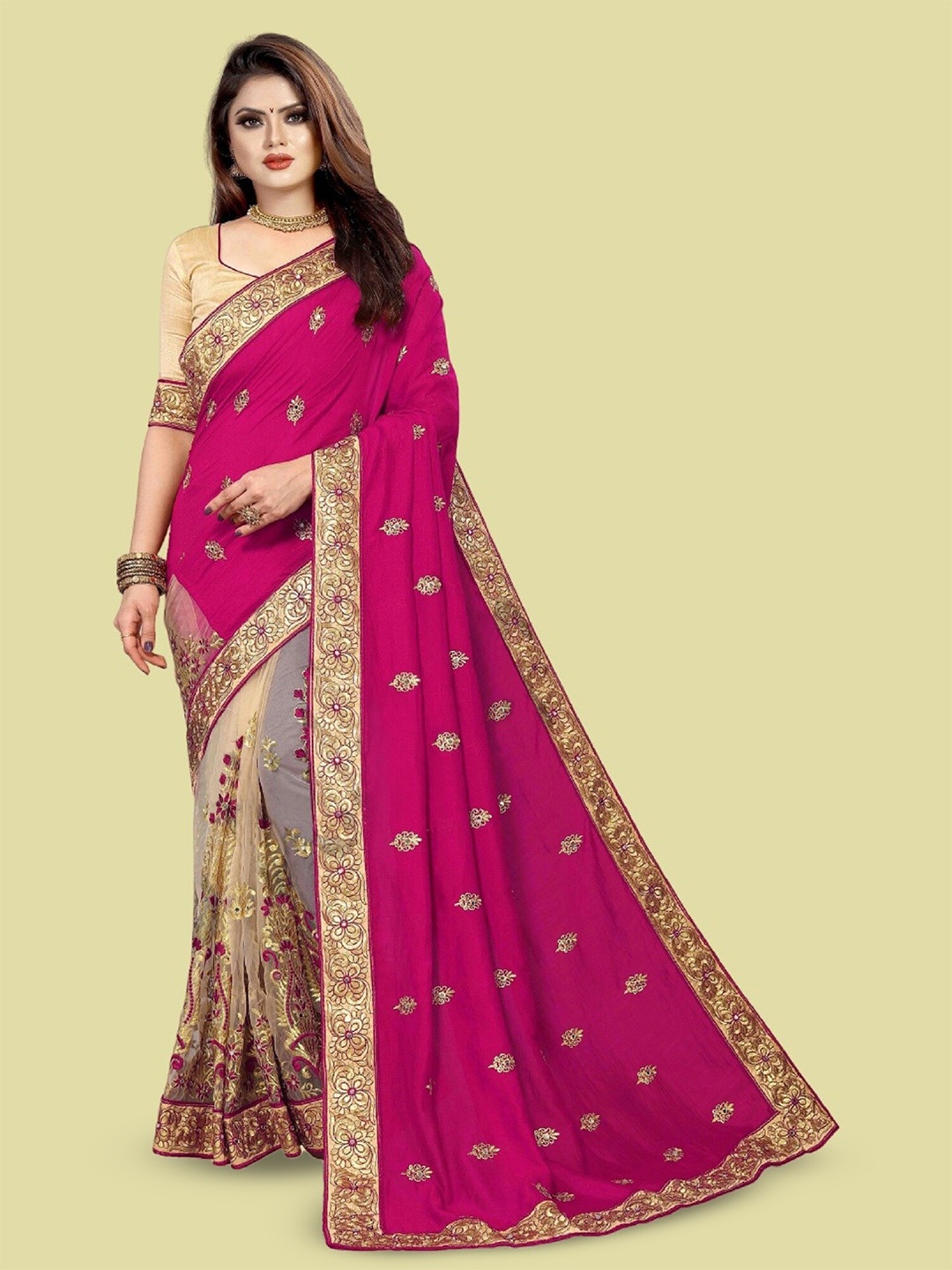 

APNISHA Ethnic Motifs Embroidered Pure Silk Half and Half Saree, Pink