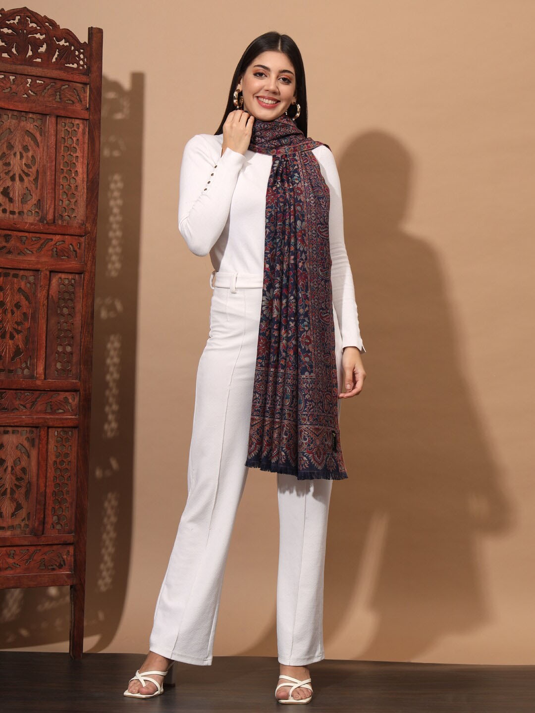 

Zamour Ethnic Motif Woven Design Kashmiri Shawl, Navy blue