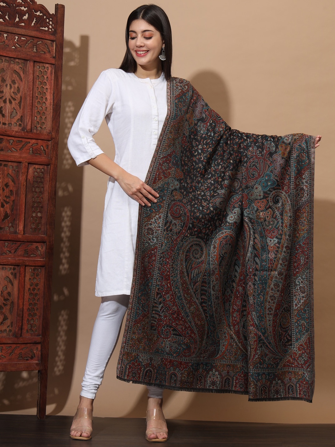 

Zamour Ethnic Motif Woven Design Kashmiri Shawl, Black