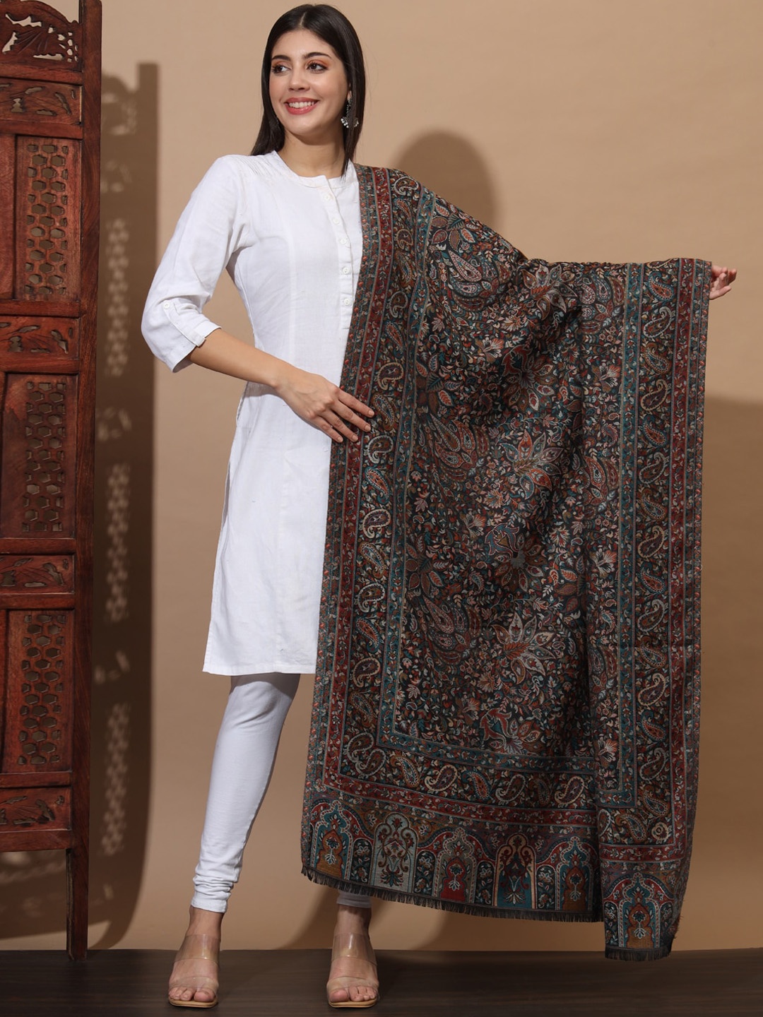 

Zamour Ethnic Motif Woven Design Kashmiri Shawl, Black