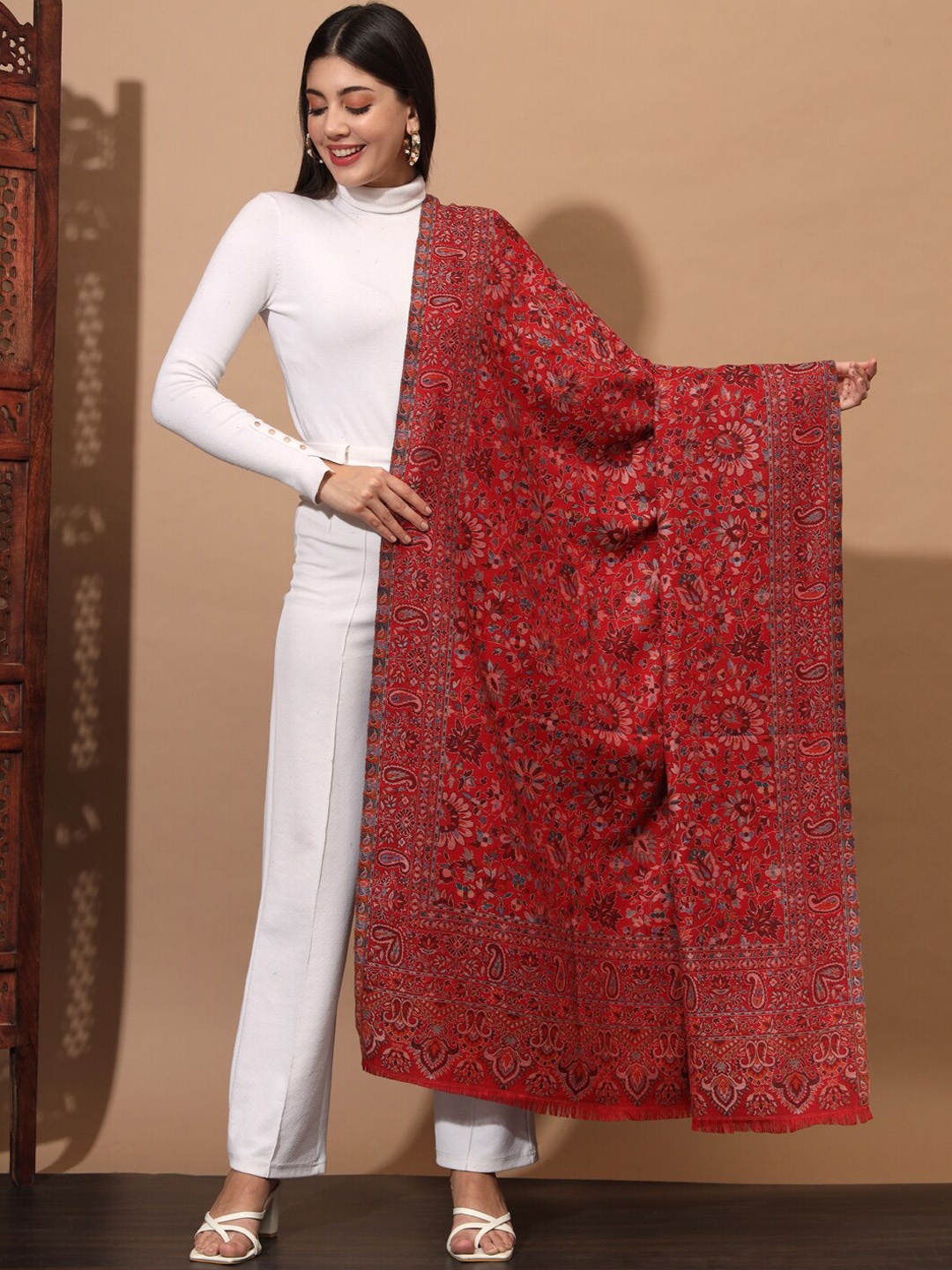 

Zamour Ethnic Motif Woven Design Kashmiri Shawl, Maroon