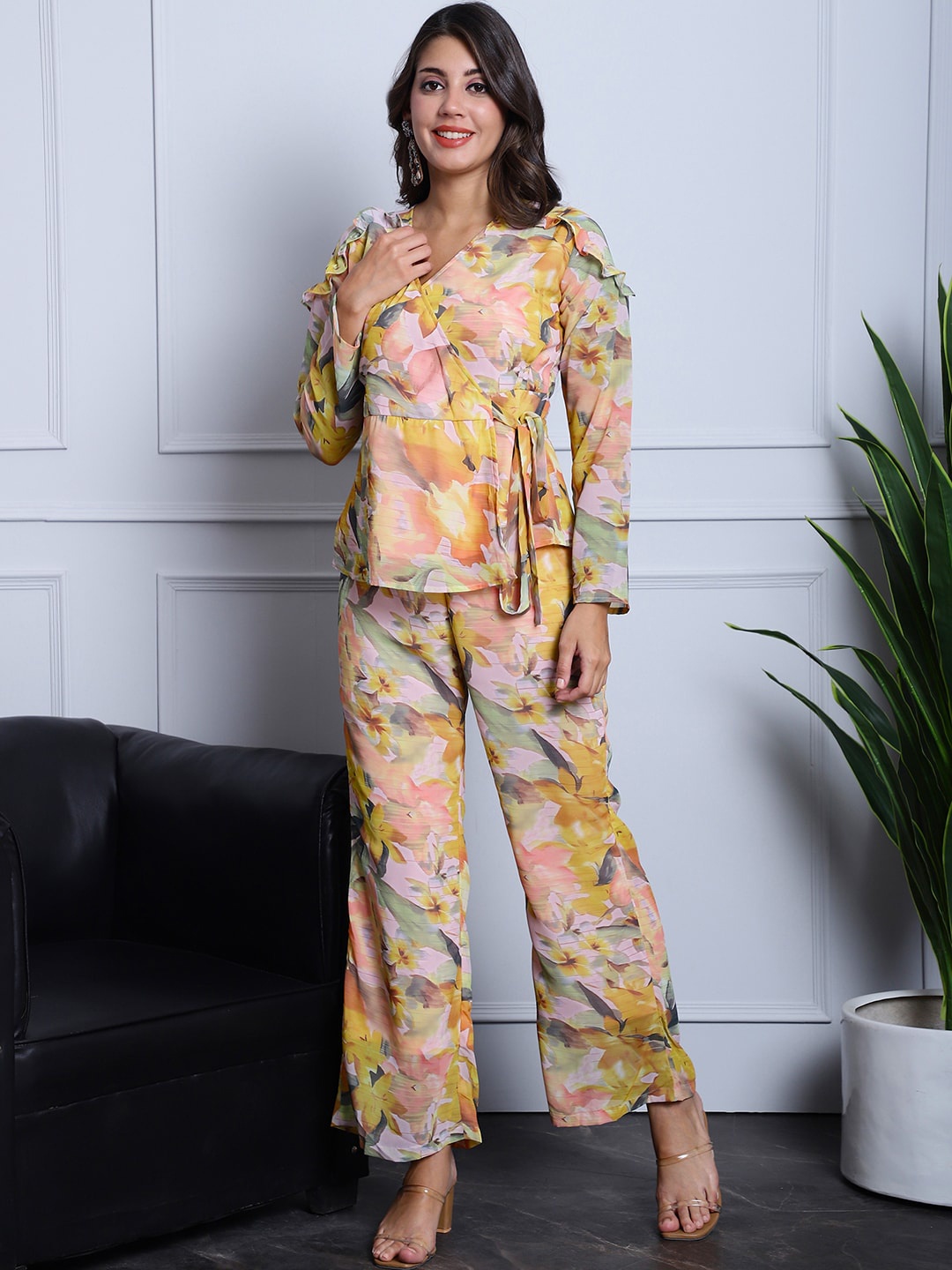 

Claura Yellow Floral Printed V-Neck Top With Mid-Rise Palazzos