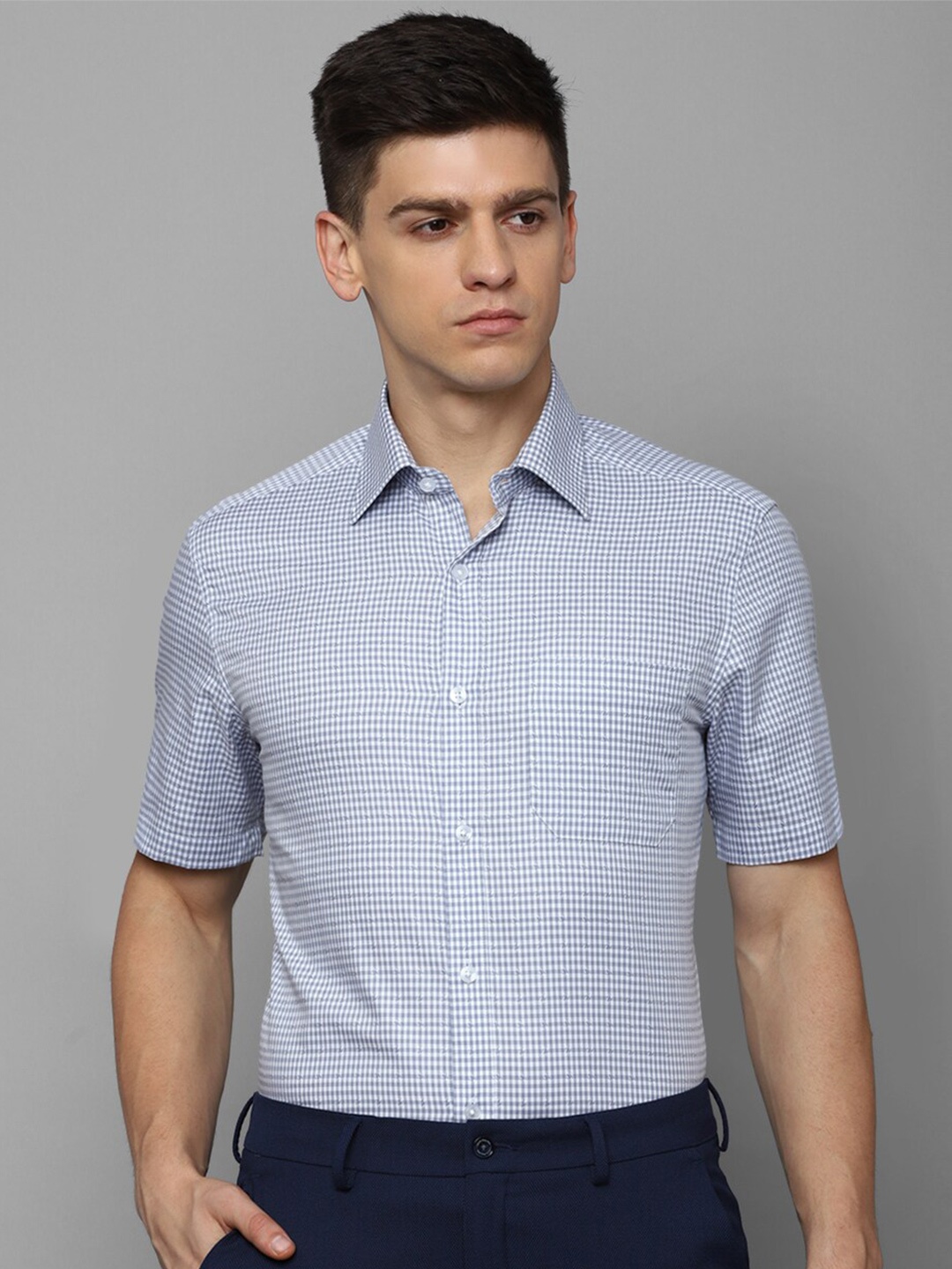 

Louis Philippe Grid Tattersall Checks Opaque Cotton Formal Shirt, Blue