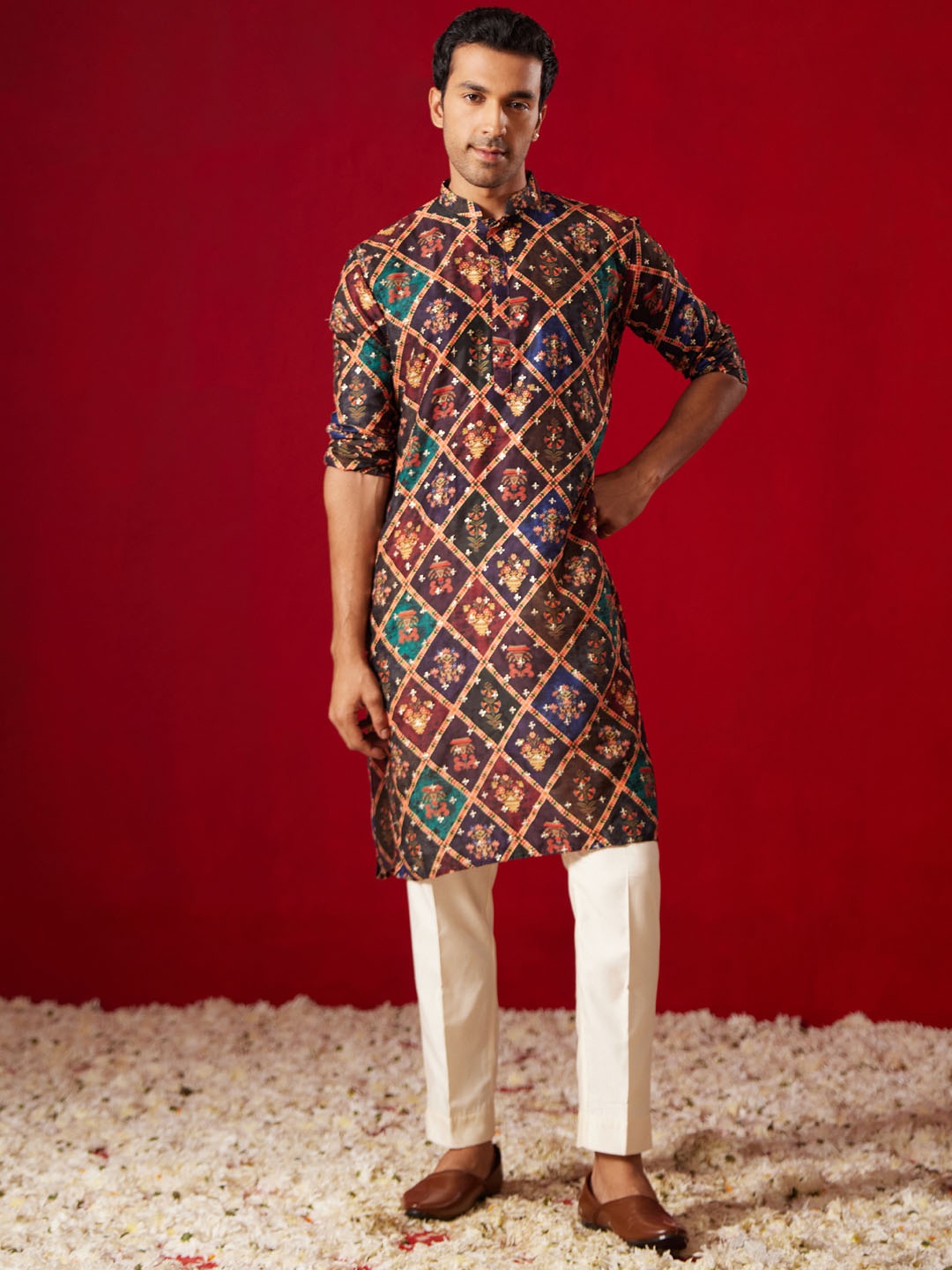 

VASTRAMAY Ethnic Motifs Printed Sequinned Kurta With Trousers, Purple