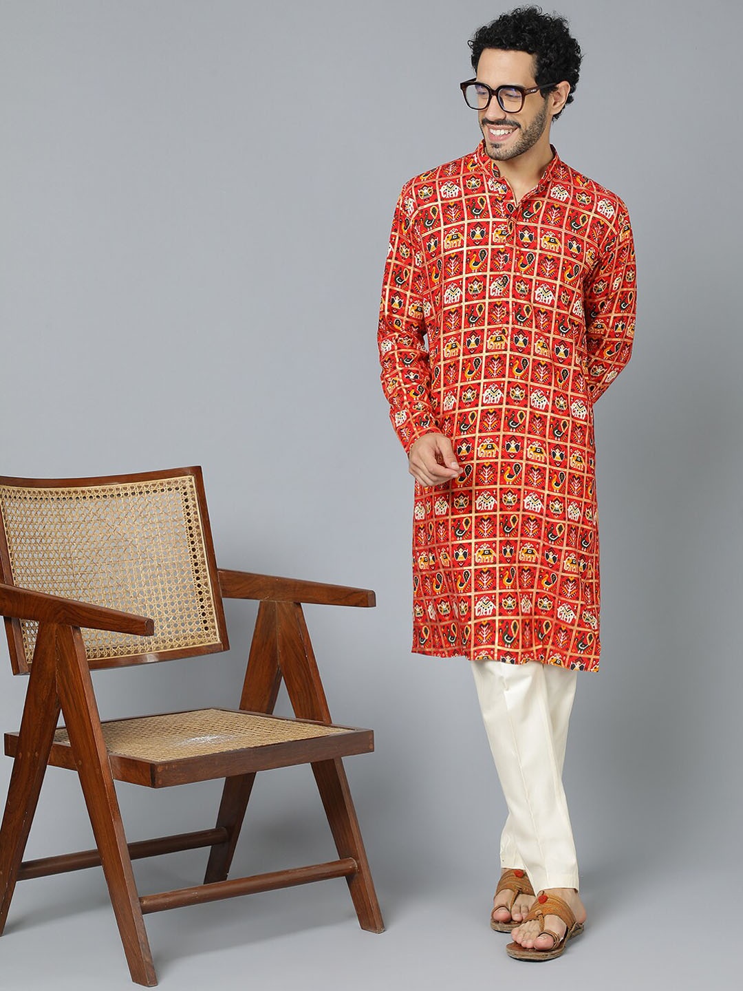 

VASTRAMAY Ethnic Motifs Printed Kurta With Trousers, Red