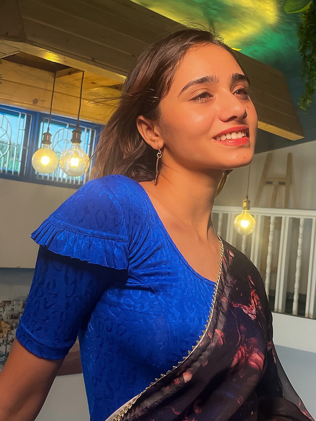 

Bindigasm's Advi Ruffle Sleeves & Back Stretchable Slip On Saree Blouse, Blue