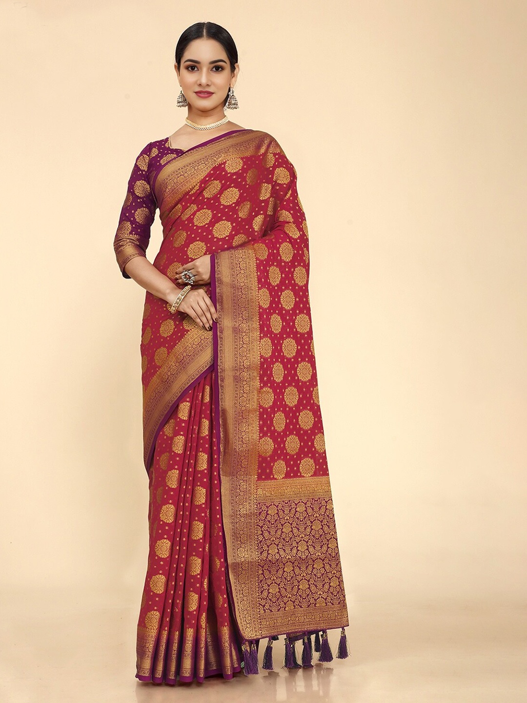 

V3 FASHION STUDIO Ethnic Motifs Woven Design Zari Pure Georgette Banarasi Saree, Pink