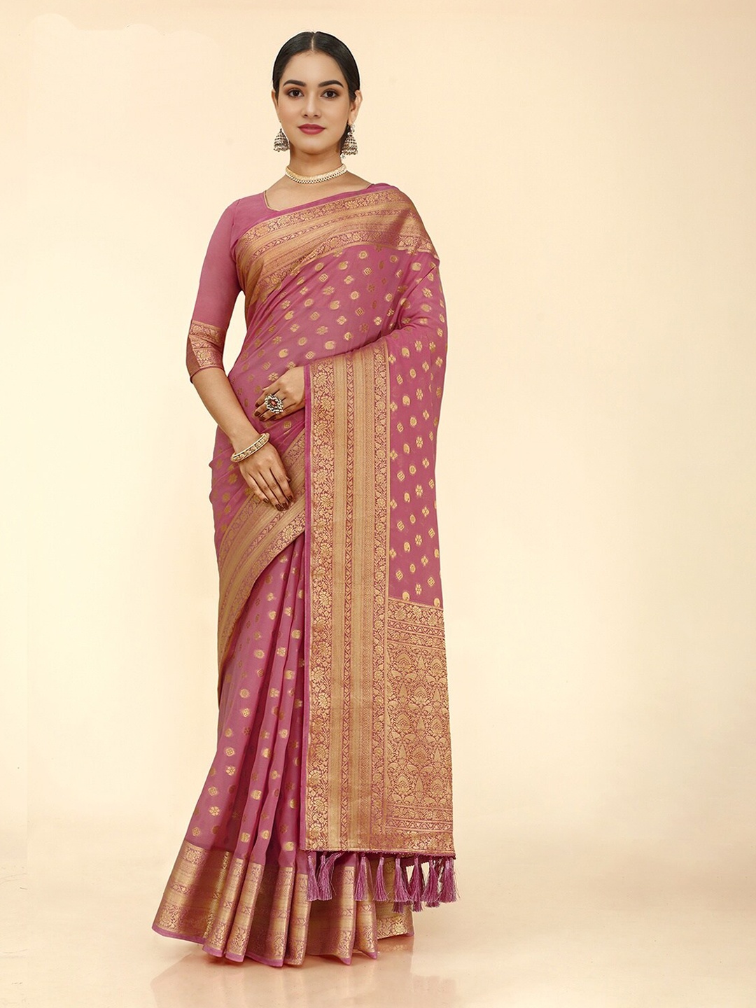 

V3 FASHION STUDIO Ethnic Motifs Woven Design Zari Banarasi Saree, Pink