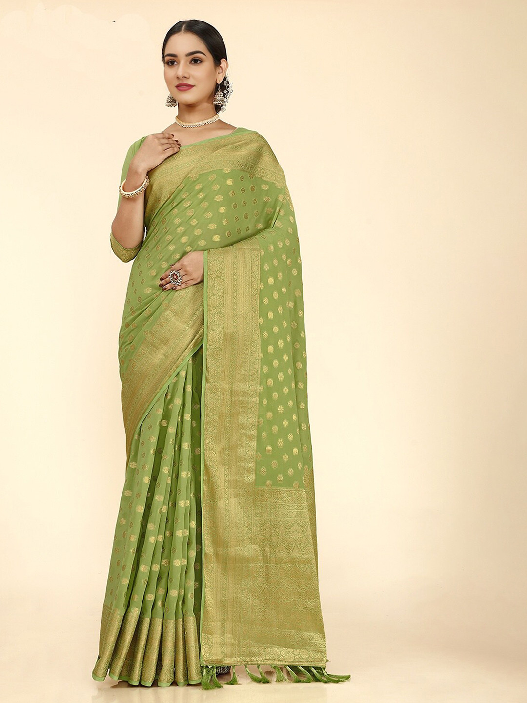 

V3 FASHION STUDIO Ethnic Motifs Woven Design Zari Pure Georgette Banarasi Saree, Green