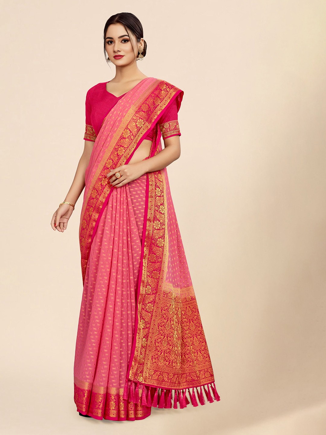 

V3 FASHION STUDIO Ethnic Motifs Woven Design Zari Pure Georgette Banarasi Saree, Pink