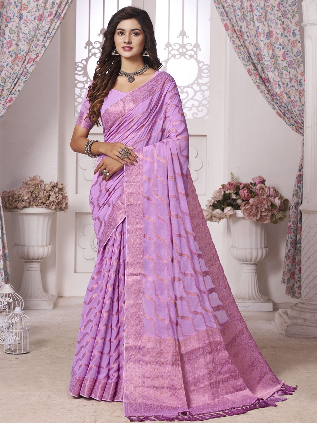 

V3 FASHION STUDIO Ethnic Motifs Woven Design Zari Pure Georgette Banarasi Saree, Pink
