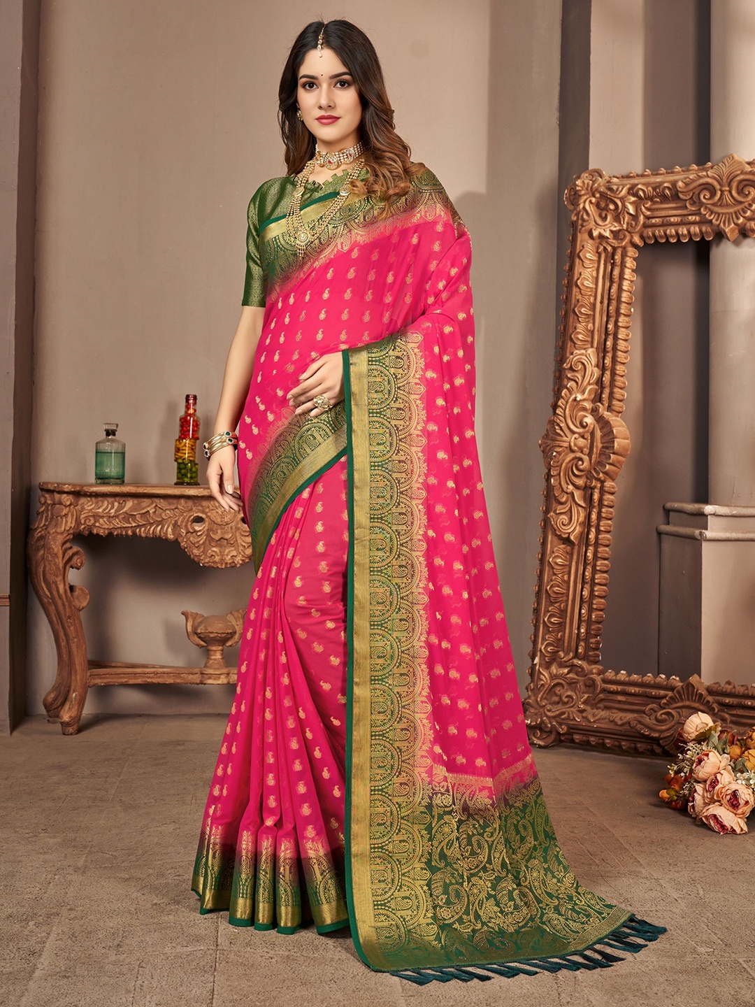 

V3 FASHION STUDIO Ethnic Motifs Woven Design Zari Pure Georgette Banarasi Saree, Pink
