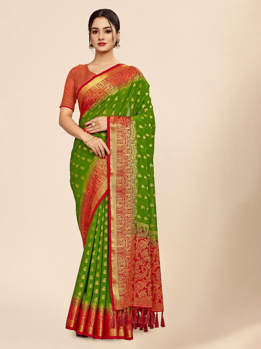 

V3 FASHION STUDIO Ethnic Motifs Woven Design Zari Pure Georgette Banarasi Saree, Green