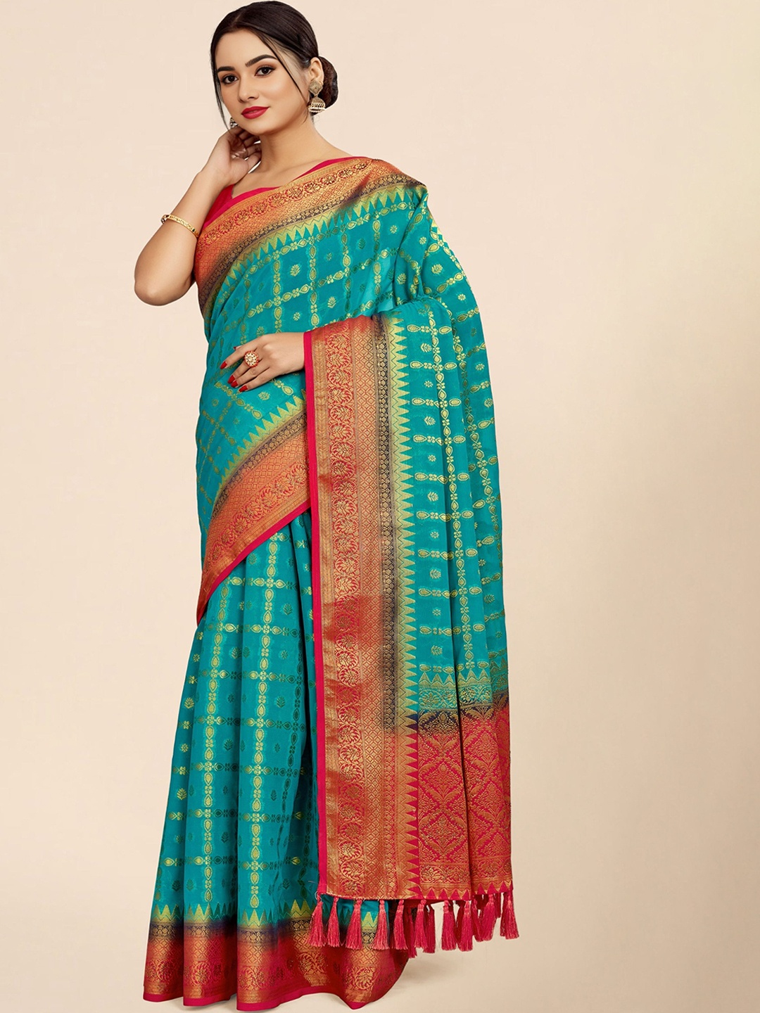 

V3 FASHION STUDIO Ethnic Motifs Woven Design Zari Pure Georgette Banarasi Saree, Blue