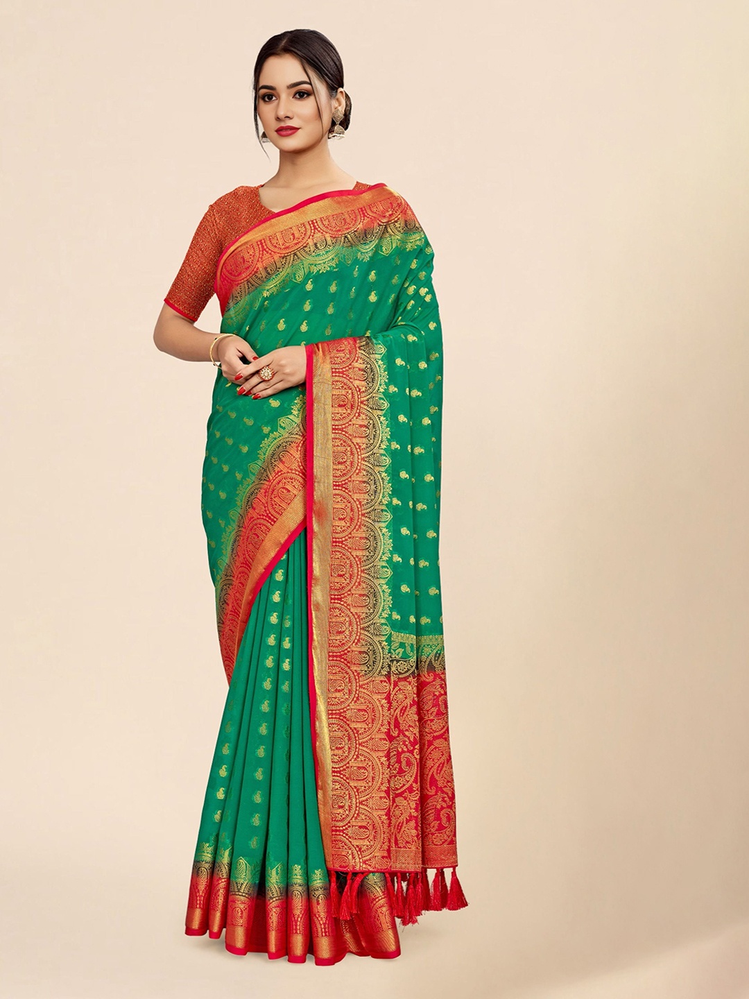 

V3 FASHION STUDIO Ethnic Motifs Woven Design Zari Pure Georgette Banarasi Saree, Turquoise blue