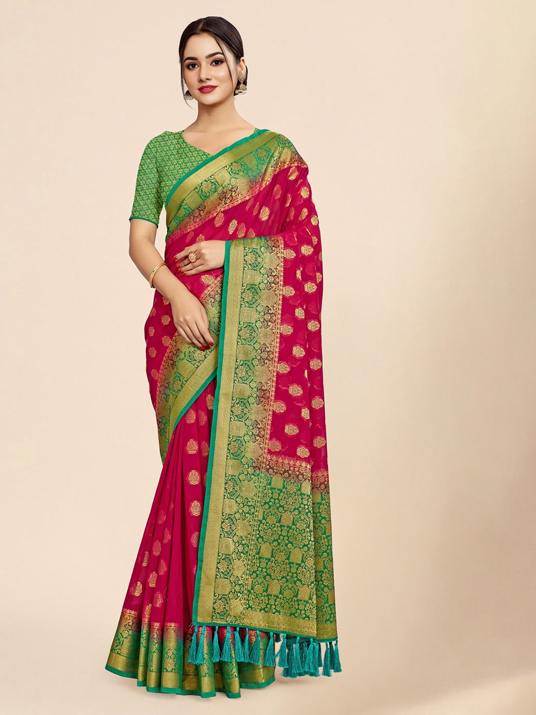 

V3 FASHION STUDIO Ethnic Motifs Woven Design Zari Pure Georgette Banarasi Saree, Pink