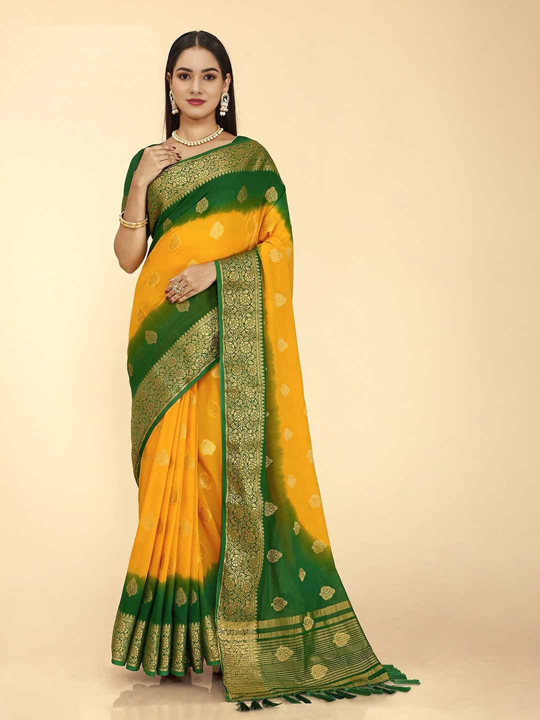 

V3 FASHION STUDIO Ethnic Motifs Woven Design Zari Pure Georgette Banarasi Saree, Yellow