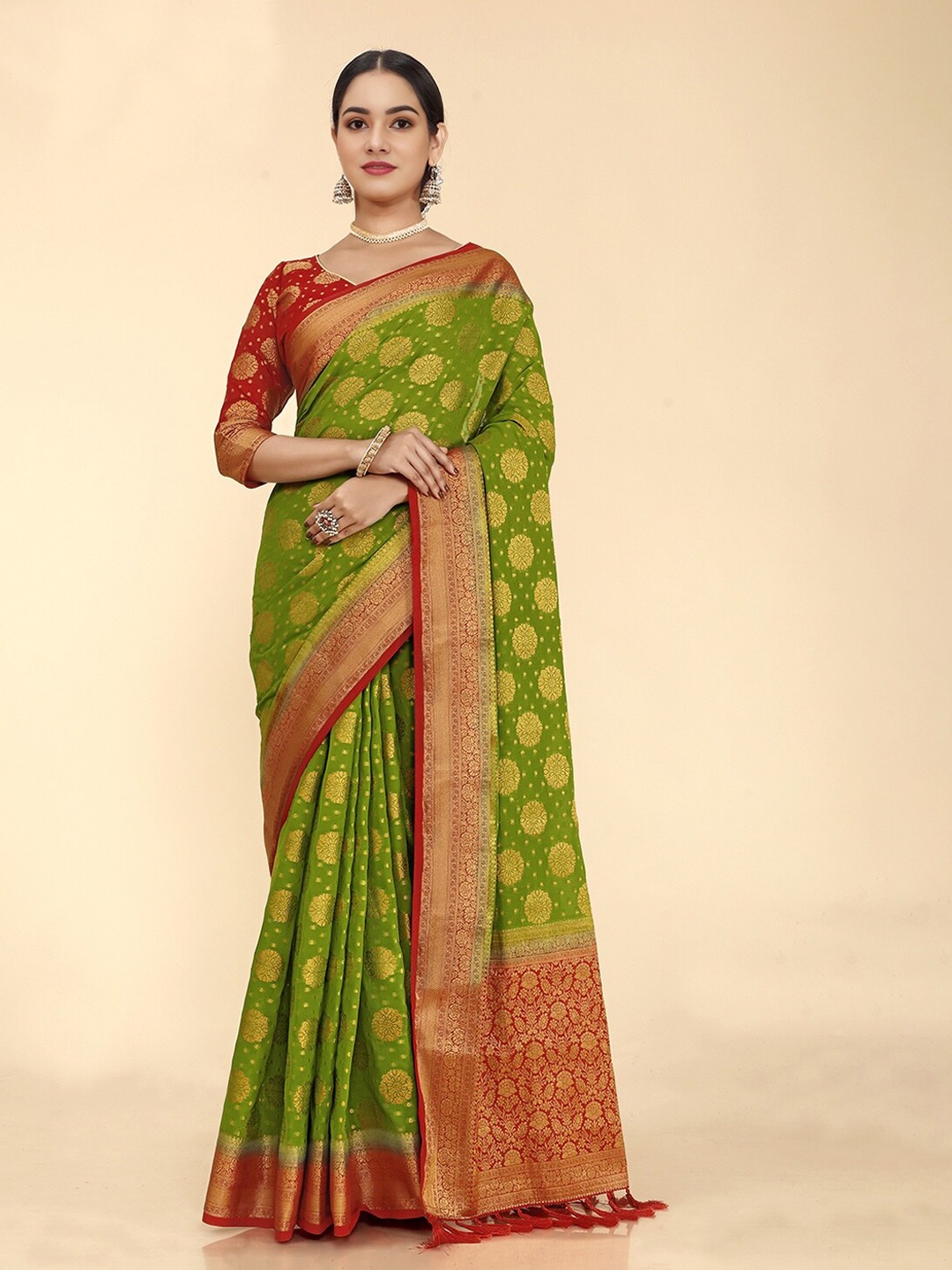 

V3 FASHION STUDIO Ethnic Motifs Woven Design Zari Pure Georgette Banarasi Saree, Green