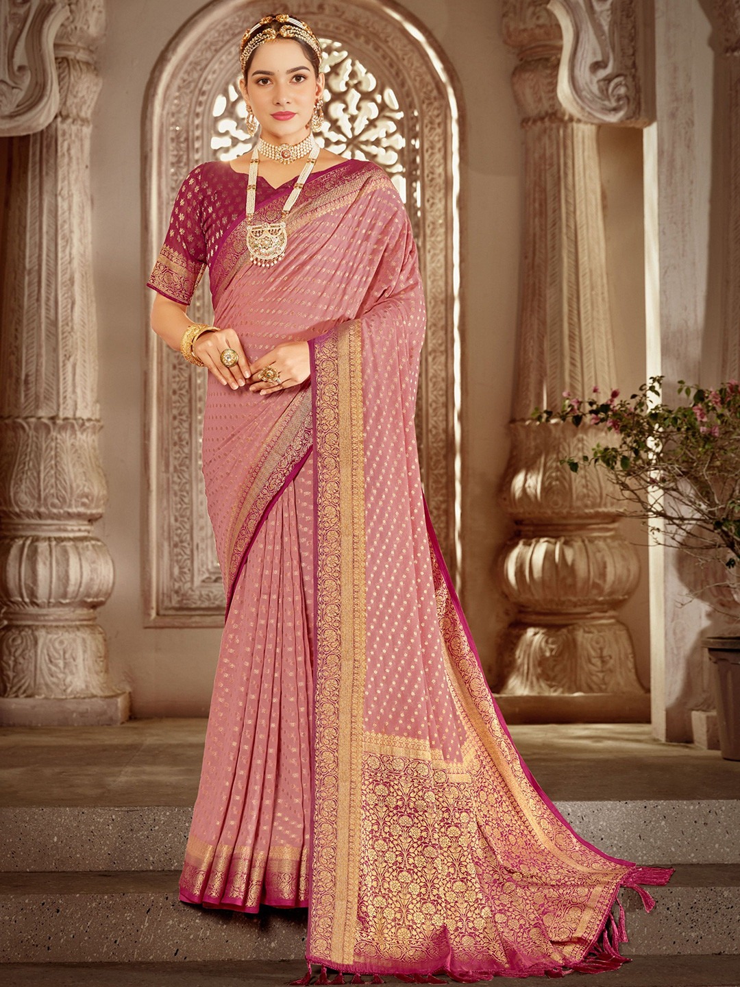 

V3 FASHION STUDIO Ethnic Motifs Woven Design Zari Banarasi Saree, Pink