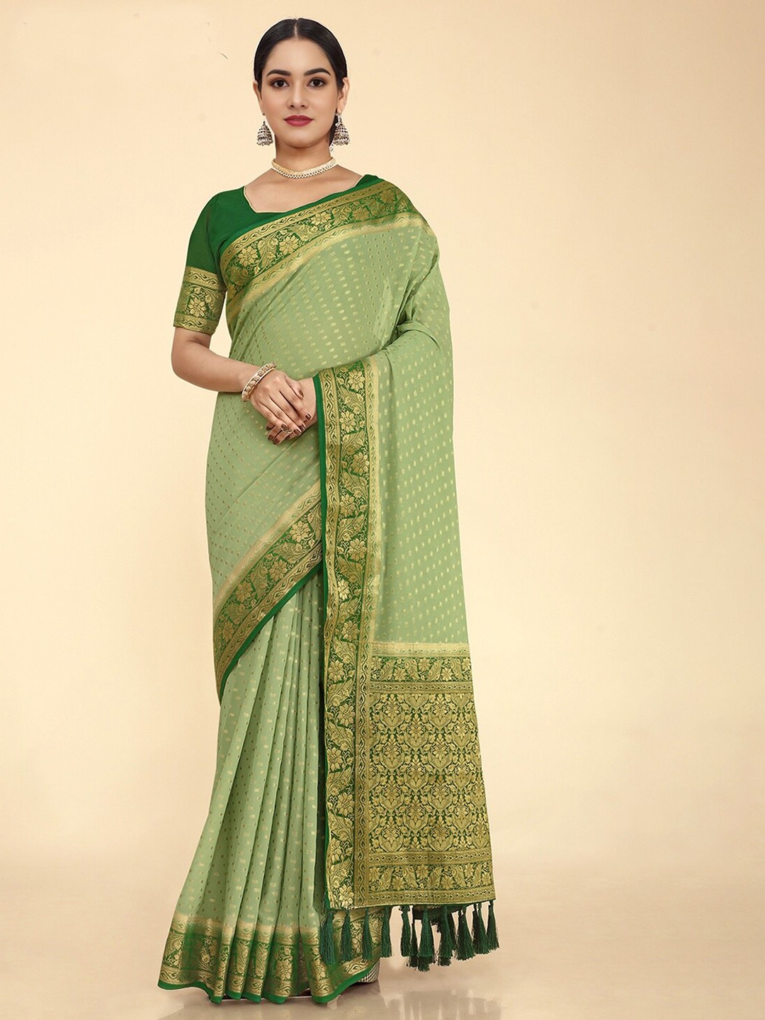 

V3 FASHION STUDIO Ethnic Motifs Woven Design Zari Pure Georgette Banarasi Saree, Green
