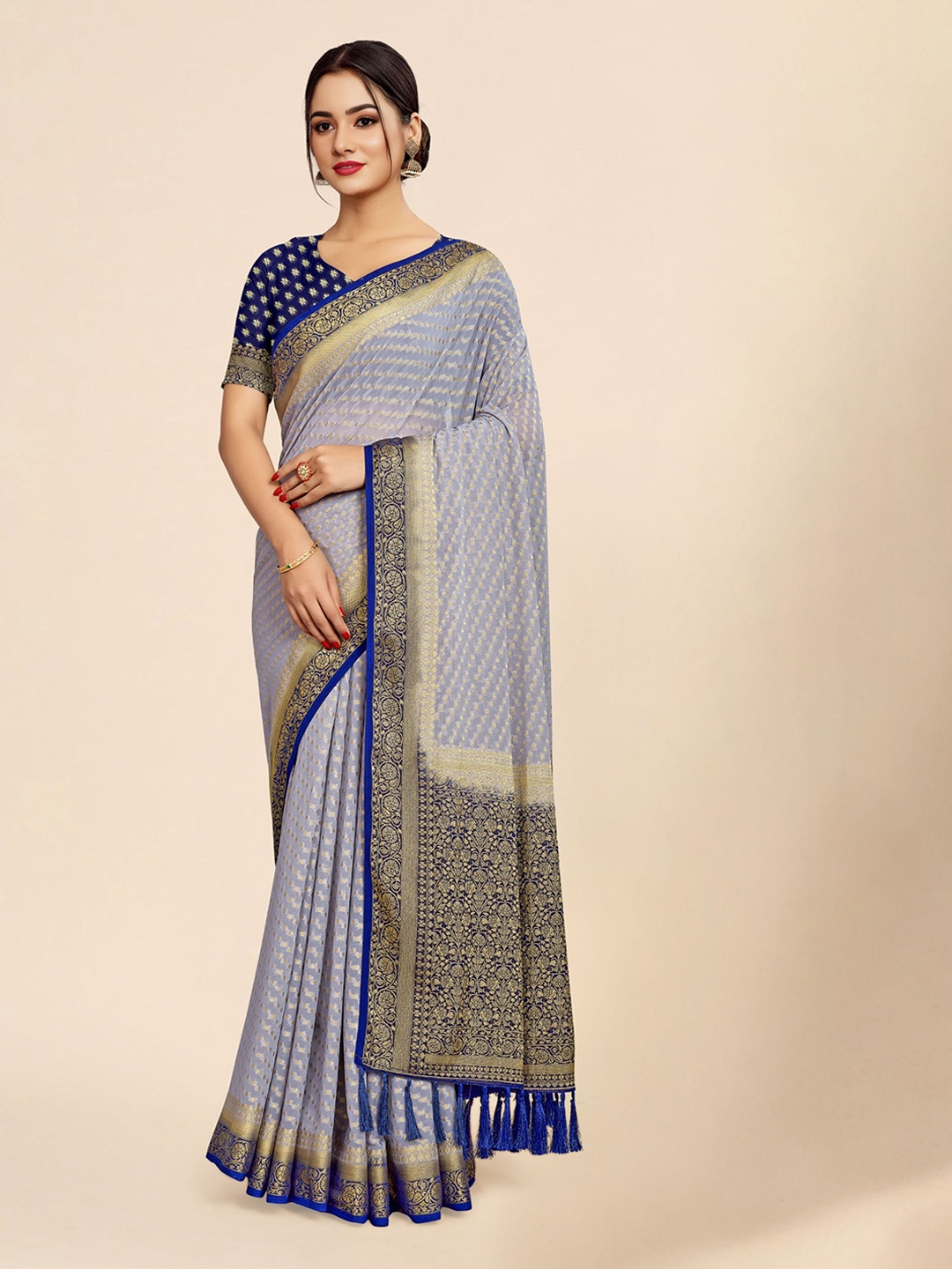 

V3 FASHION STUDIO Ethnic Motifs Woven Design Zari Pure Georgette Banarasi Saree, Blue