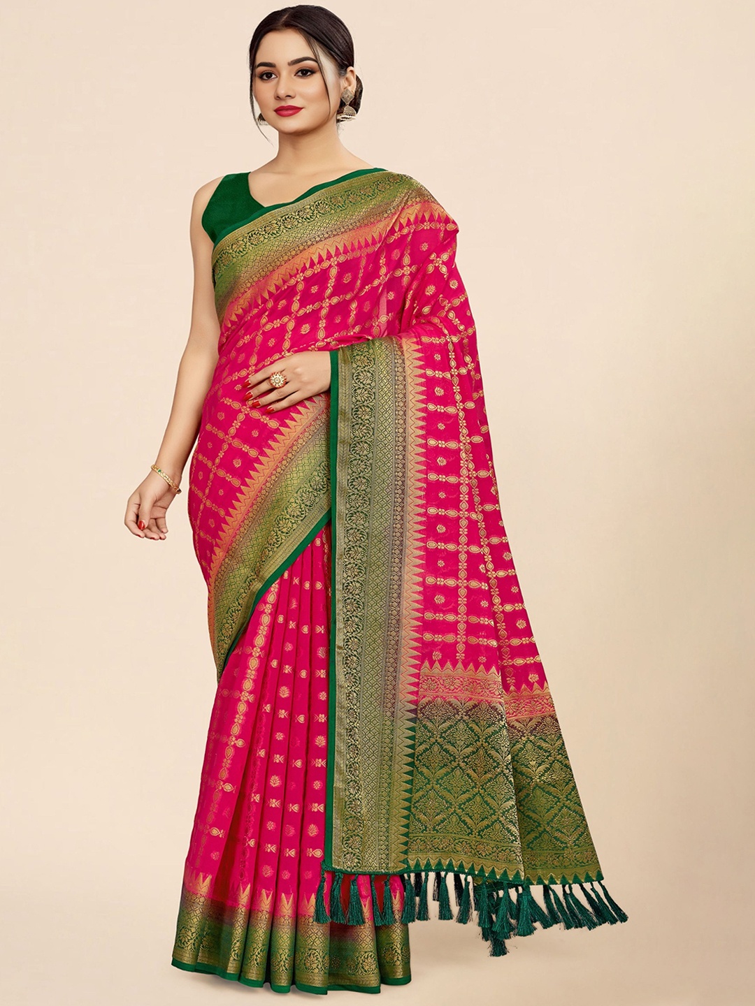 

V3 FASHION STUDIO Ethnic Motifs Woven Design Zari Pure Georgette Banarasi Saree, Pink