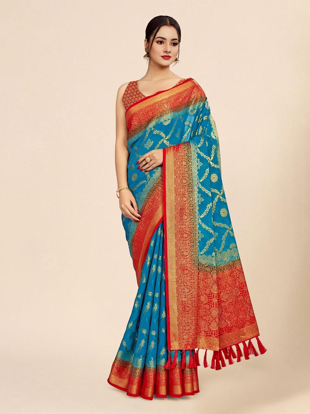 

V3 FASHION STUDIO Ethnic Motifs Woven Design Zari Pure Georgette Banarasi Saree, Blue