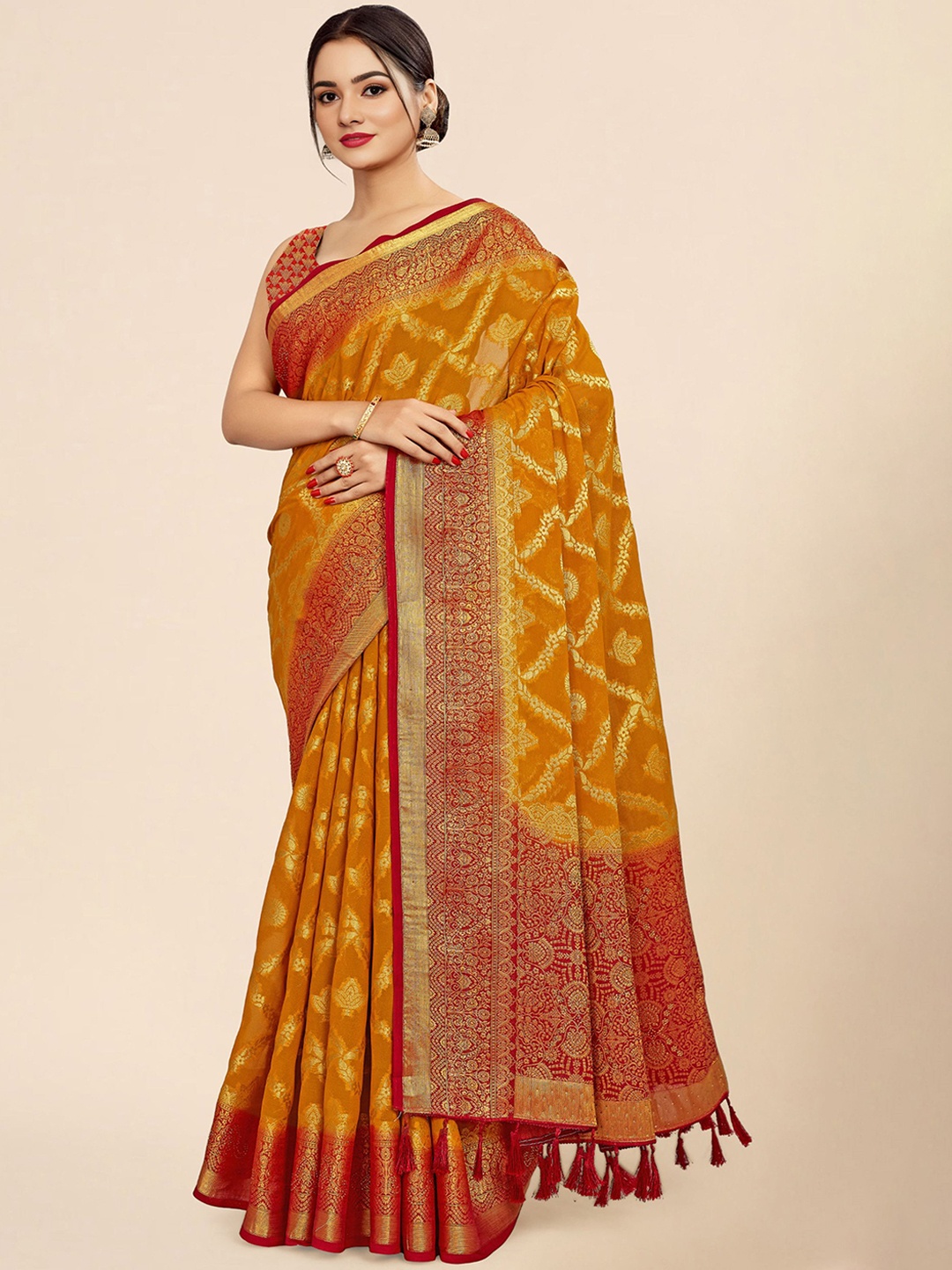 

V3 FASHION STUDIO Ethnic Motifs Woven Design Zari Banarasi Saree, Orange