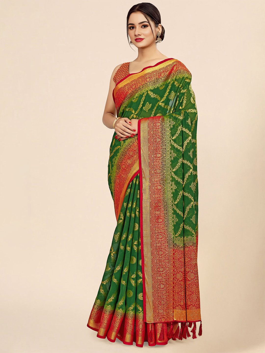 

V3 FASHION STUDIO Ethnic Motifs Woven Design Zari Pure Georgette Banarasi Saree, Green