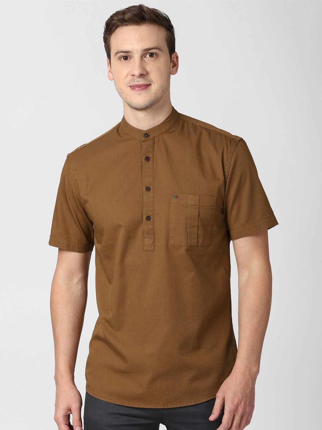 

Peter England Casuals Slim Fit Mandarin Collar Pure Cotton Casual Shirt, Brown