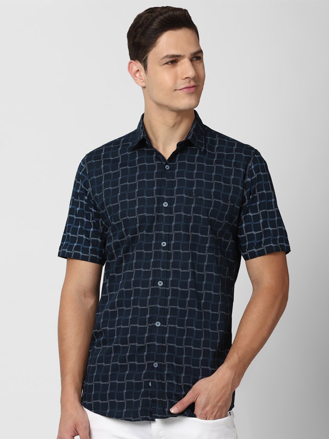 

Peter England Casuals Windowpane Checked Pure Cotton Casual Shirt, Navy blue