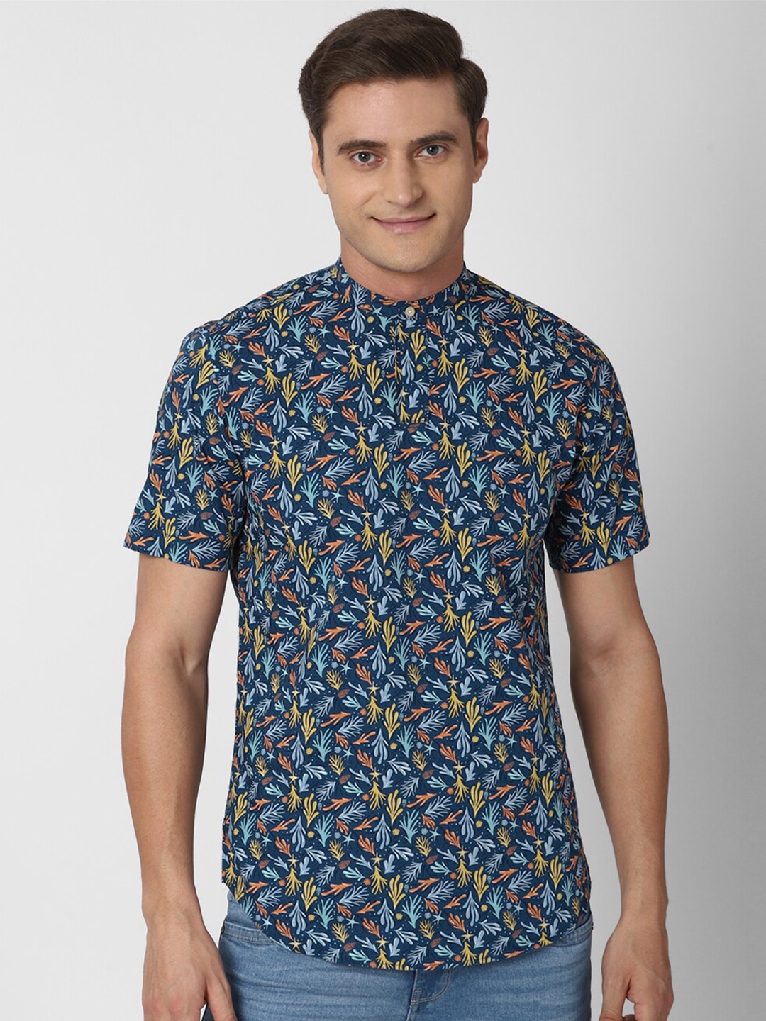 

Peter England Casuals Slim Fit Conversational Printed Mandarin Collar Pure Cotton Shirt, Blue