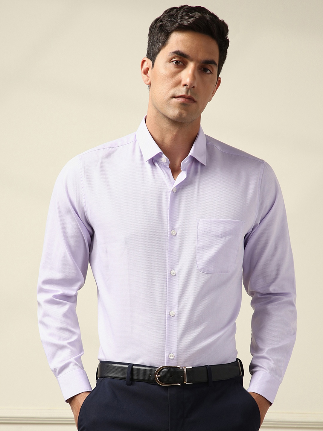 

Peter England Elite Self Design Textured Slim Fit Pure Cotton Formal Shirt, Purple