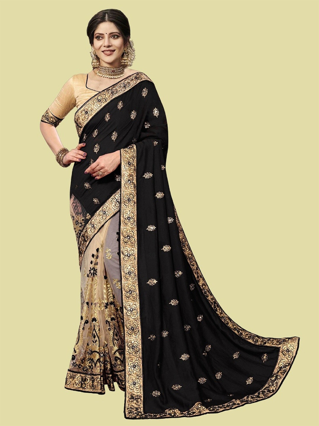 

APNISHA Ethnic Motifs Embroidered Pure Silk Half and Half Saree, Black